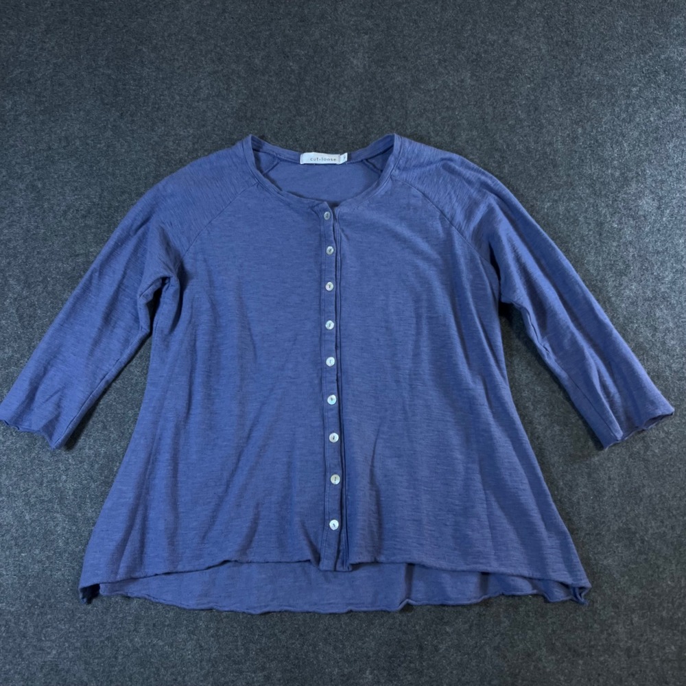 Cut Loose Periwinkle Blue Button Front Cardigan 3/4 Sleeve Knit Top Womens M
